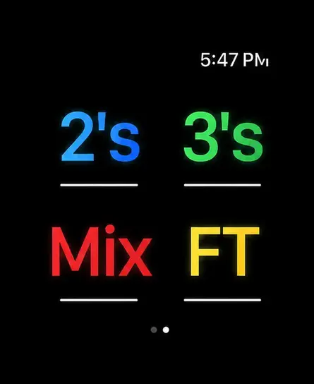 Two-point, three-point, mixed and free-throw modes on Apple Watch at 5:47 PM